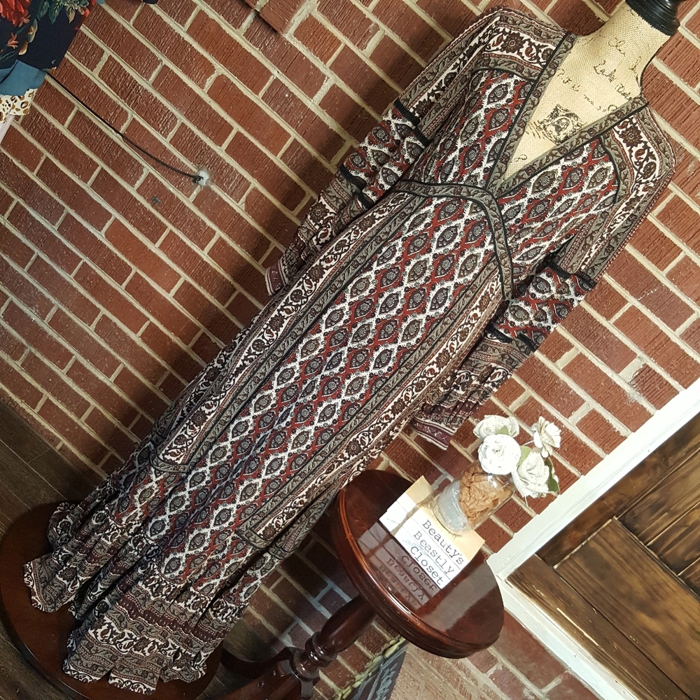 NWT Frye Naomi V-neck Embroidered Long Sleeve Tiered Tribal Maxi Dress Small